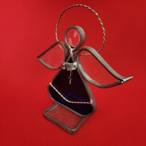 Vintage Stained Glass Free Standing Angel Holding a Star Blue Suncatcher - Picture 3 of 12